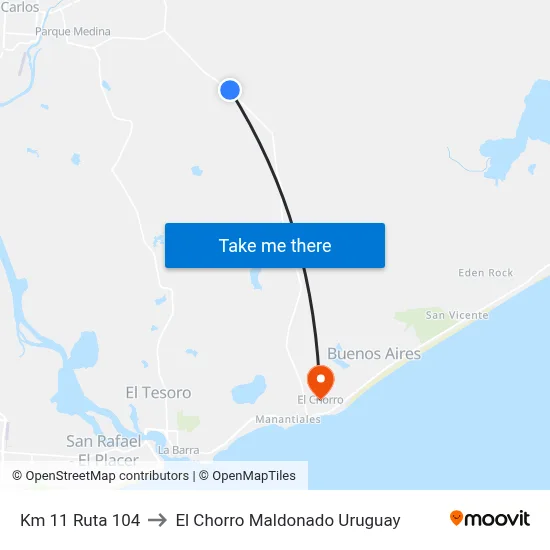 Km 11 Ruta 104 to El Chorro Maldonado Uruguay map
