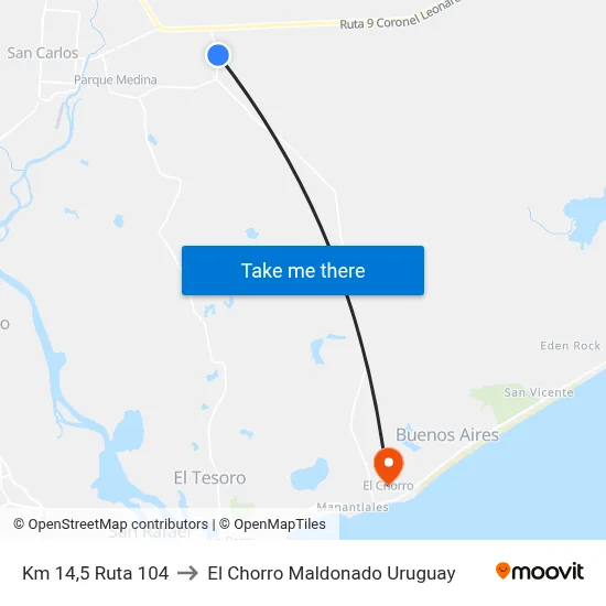 Km 14,5 Ruta 104 to El Chorro Maldonado Uruguay map