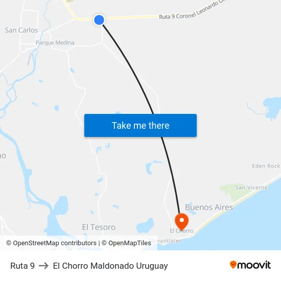 Ruta 9 to El Chorro Maldonado Uruguay map