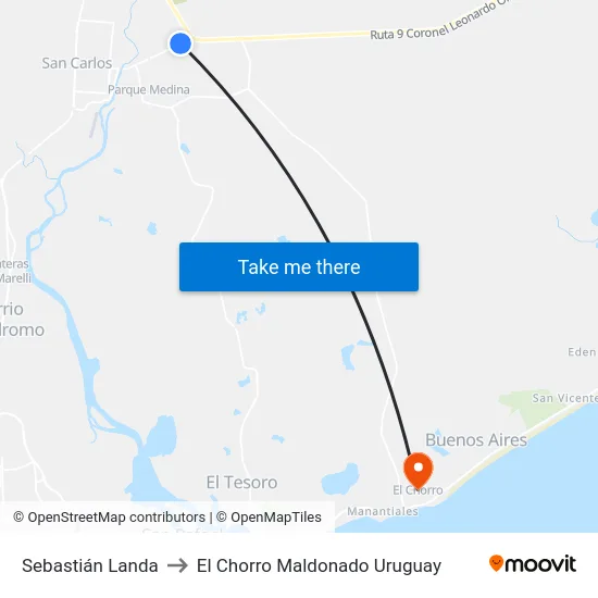 Sebastián Landa to El Chorro Maldonado Uruguay map