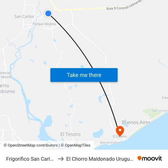 Frigorífico San Carlos to El Chorro Maldonado Uruguay map