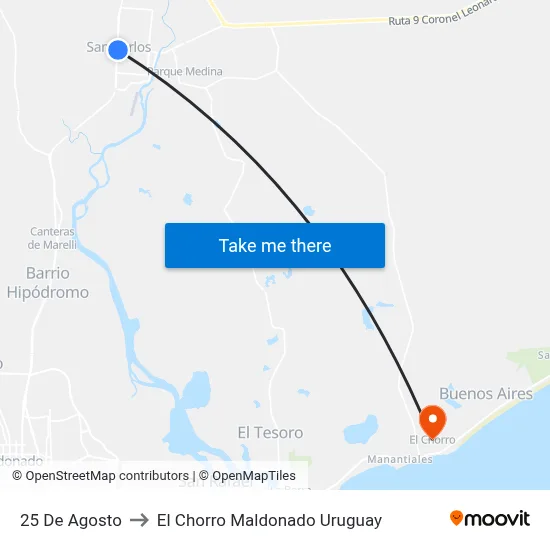 25 De Agosto to El Chorro Maldonado Uruguay map
