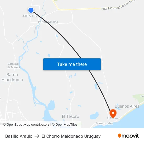 Basilio Araújo to El Chorro Maldonado Uruguay map