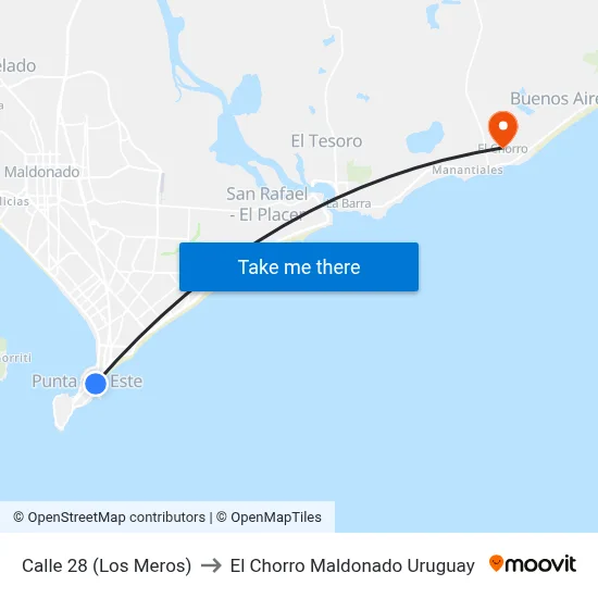 Calle 28 (Los Meros) to El Chorro Maldonado Uruguay map