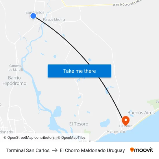 Terminal San Carlos to El Chorro Maldonado Uruguay map