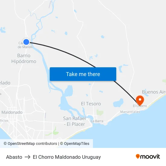 Abasto to El Chorro Maldonado Uruguay map