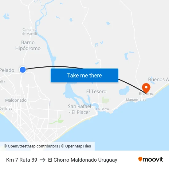Km 7 Ruta 39 to El Chorro Maldonado Uruguay map