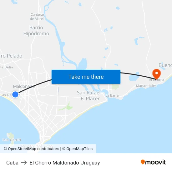 Cuba to El Chorro Maldonado Uruguay map