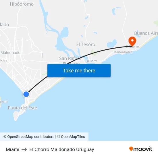 Miami to El Chorro Maldonado Uruguay map