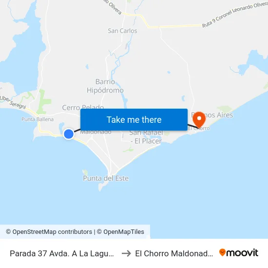 Parada 37 Avda. A La Laguna / Sagitario to El Chorro Maldonado Uruguay map