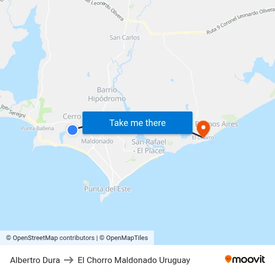 Albertro Dura to El Chorro Maldonado Uruguay map