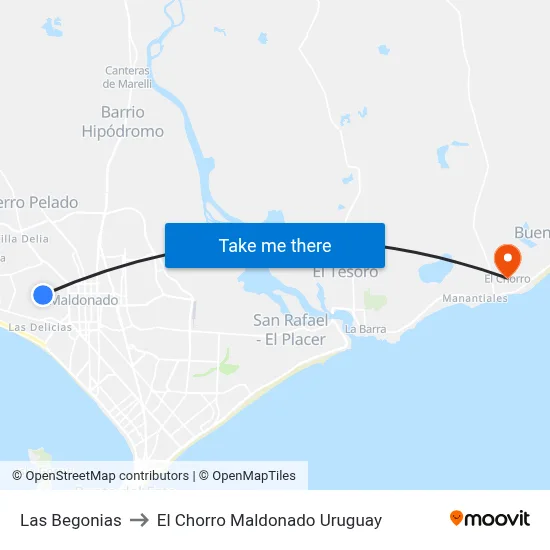 Las Begonias to El Chorro Maldonado Uruguay map