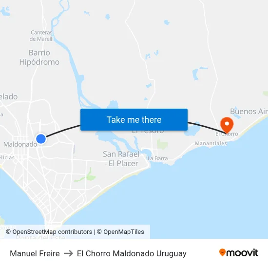 Manuel Freire to El Chorro Maldonado Uruguay map