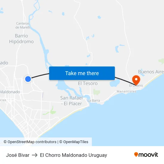 José Bivar to El Chorro Maldonado Uruguay map