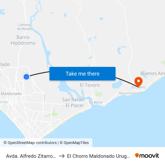 Avda. Alfredo Zitarrosa to El Chorro Maldonado Uruguay map