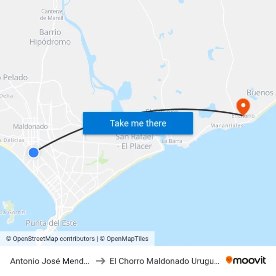Antonio José Mendez to El Chorro Maldonado Uruguay map