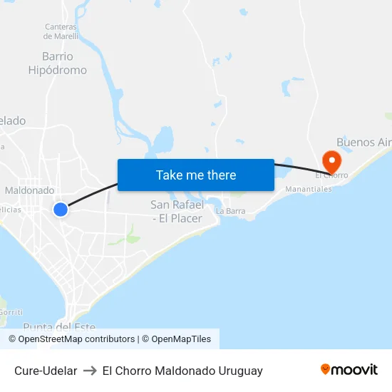 Cure-Udelar to El Chorro Maldonado Uruguay map