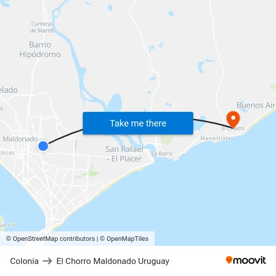 Colonia to El Chorro Maldonado Uruguay map