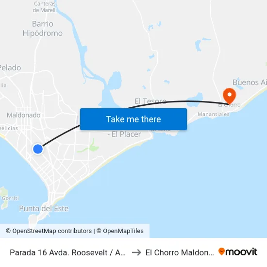 Parada 16 Avda. Roosevelt / Avda. Mauricio Litman to El Chorro Maldonado Uruguay map