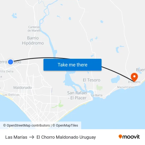 Las Marías to El Chorro Maldonado Uruguay map