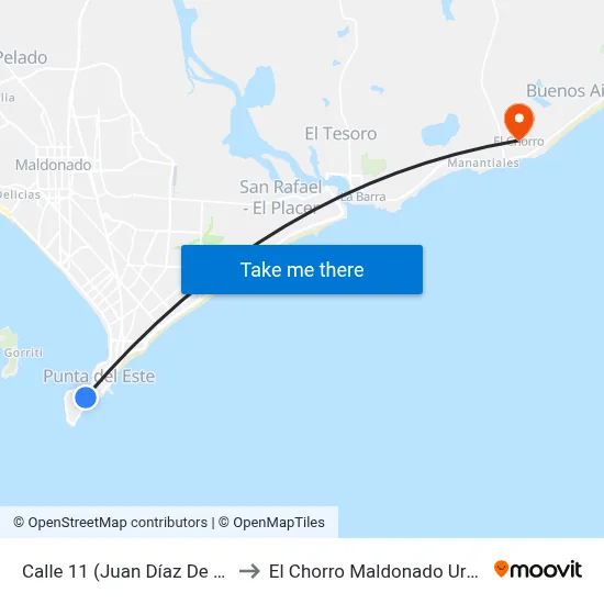 Calle 11 (Juan Díaz De Solís) to El Chorro Maldonado Uruguay map