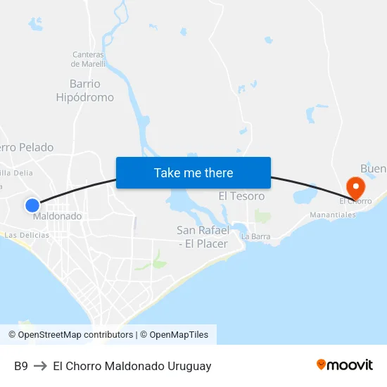 B9 to El Chorro Maldonado Uruguay map