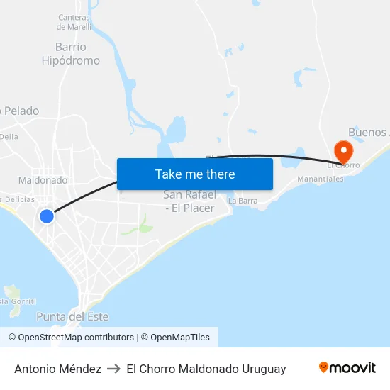 Antonio Méndez to El Chorro Maldonado Uruguay map