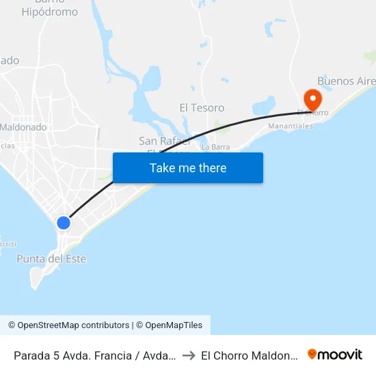 Parada 5 Avda. Francia / Avda. Pedragosa Sierra to El Chorro Maldonado Uruguay map