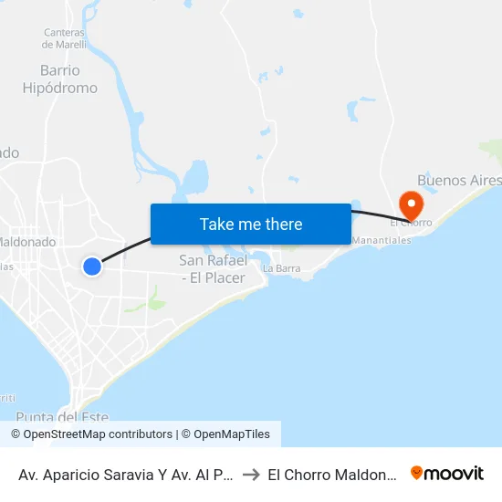 Av. Aparicio Saravia Y Av. Al Paso De La Cadena to El Chorro Maldonado Uruguay map