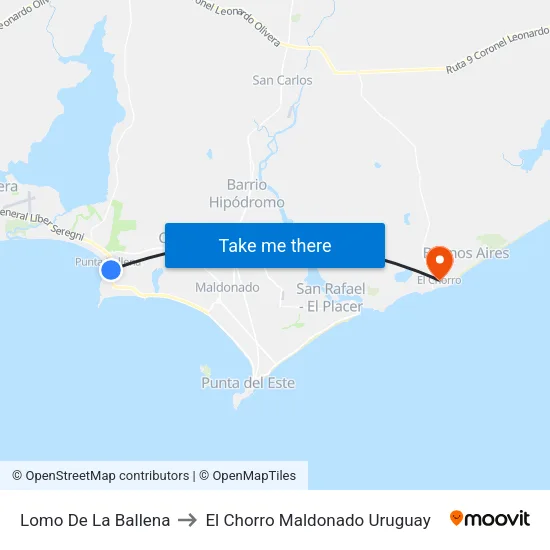 Lomo De La Ballena to El Chorro Maldonado Uruguay map