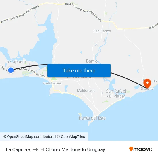 La Capuera to El Chorro Maldonado Uruguay map