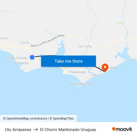 Utu Arrayanes to El Chorro Maldonado Uruguay map