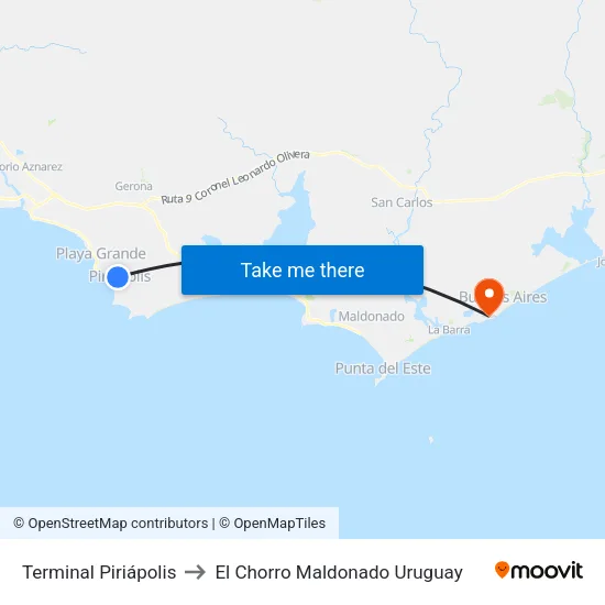 Terminal Piriápolis to El Chorro Maldonado Uruguay map