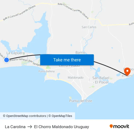 La Carolina to El Chorro Maldonado Uruguay map