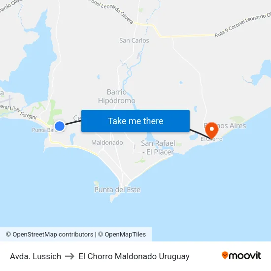 Avda. Lussich to El Chorro Maldonado Uruguay map