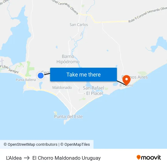 L'Aldea to El Chorro Maldonado Uruguay map