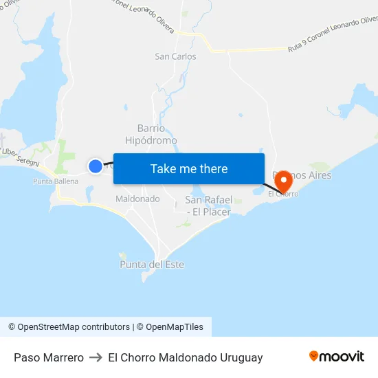 Paso Marrero to El Chorro Maldonado Uruguay map