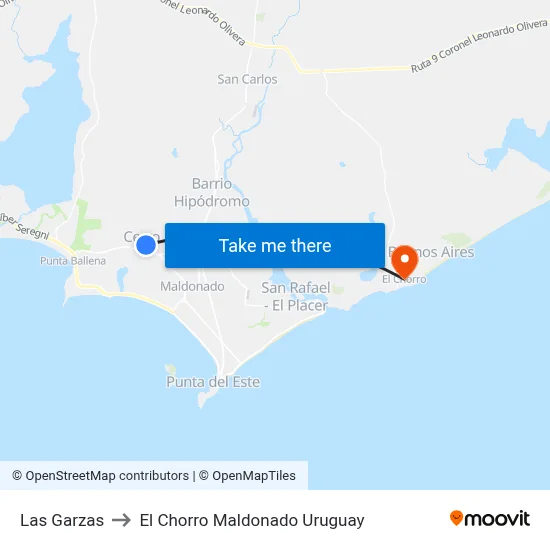 Las Garzas to El Chorro Maldonado Uruguay map