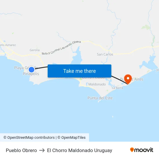 Pueblo Obrero to El Chorro Maldonado Uruguay map
