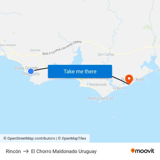 Rincón to El Chorro Maldonado Uruguay map