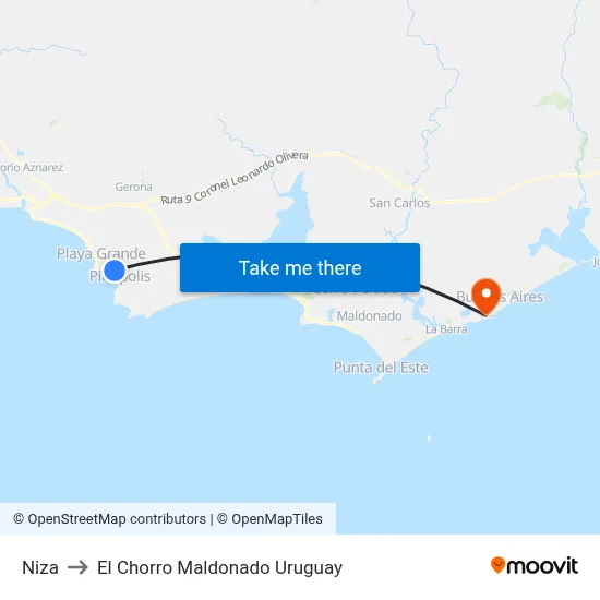 Niza to El Chorro Maldonado Uruguay map