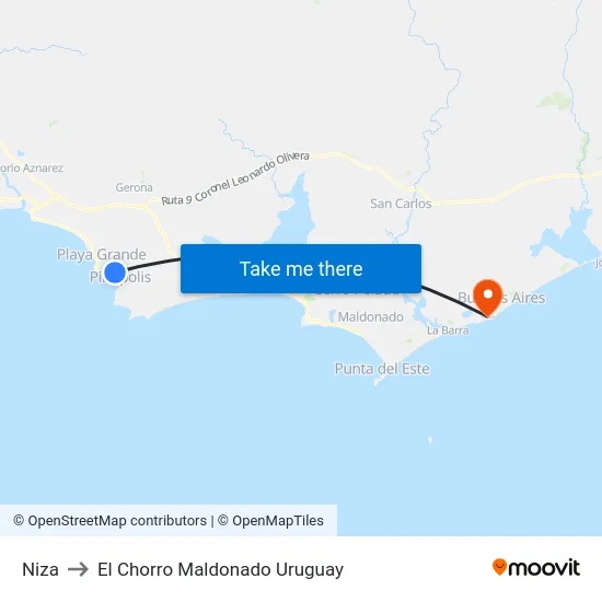 Niza to El Chorro Maldonado Uruguay map