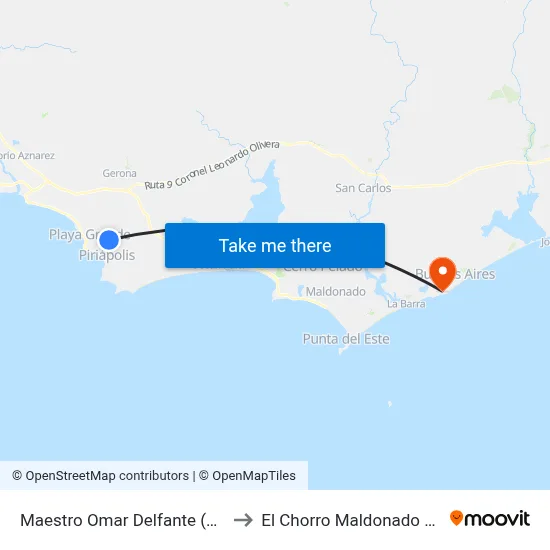 Maestro Omar Delfante (Ex Mauá) to El Chorro Maldonado Uruguay map