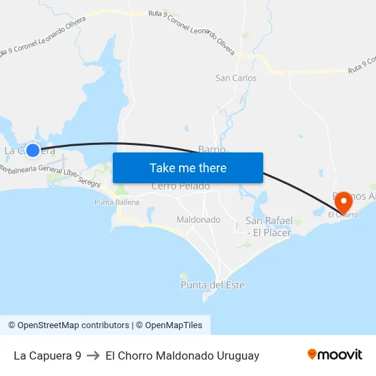 La Capuera 9 to El Chorro Maldonado Uruguay map