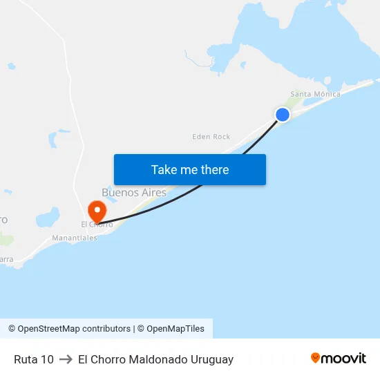 Ruta 10 to El Chorro Maldonado Uruguay map