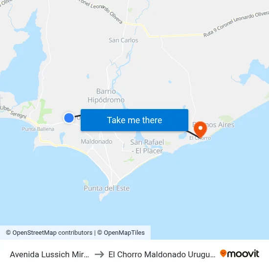 Avenida Lussich Mirad to El Chorro Maldonado Uruguay map