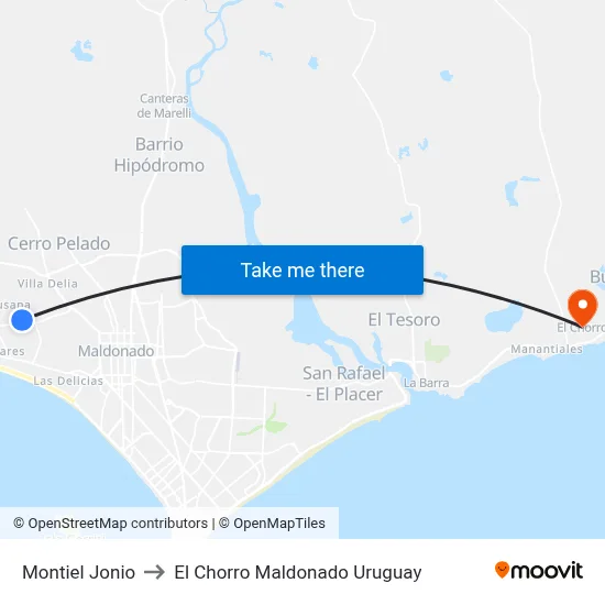 Montiel Jonio to El Chorro Maldonado Uruguay map