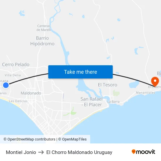 Montiel Jonio to El Chorro Maldonado Uruguay map