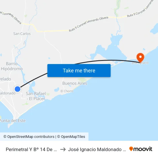 Perimetral Y Bº 14 De Febrero to José Ignacio Maldonado Uruguay map