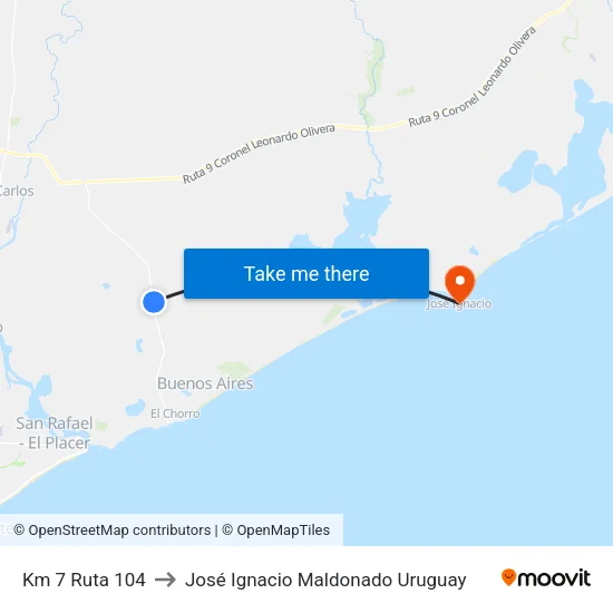 Km 7 Ruta 104 to José Ignacio Maldonado Uruguay map